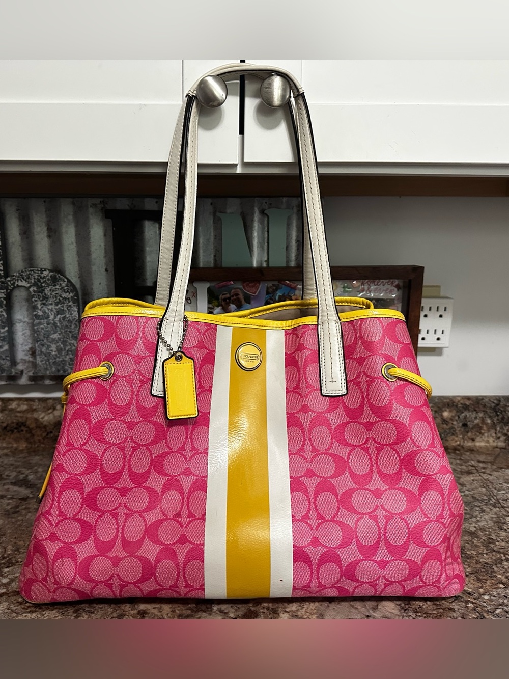 Coach Pink Tote with Yellow & White Center Stripe